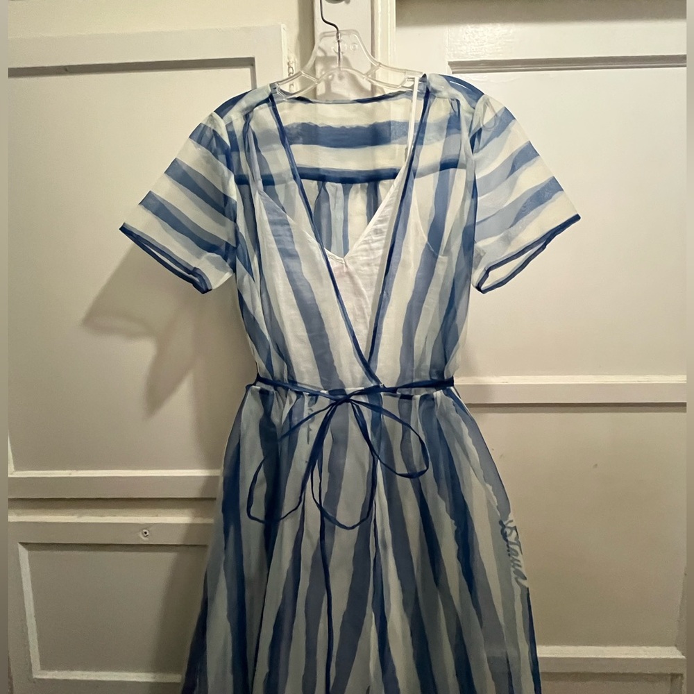 STAUD Blue and White Striped Sheer Midi Dress NWT - Picture 3 of 16